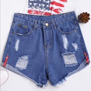 High Waisted Curled Hem Ripped Denim Shorts